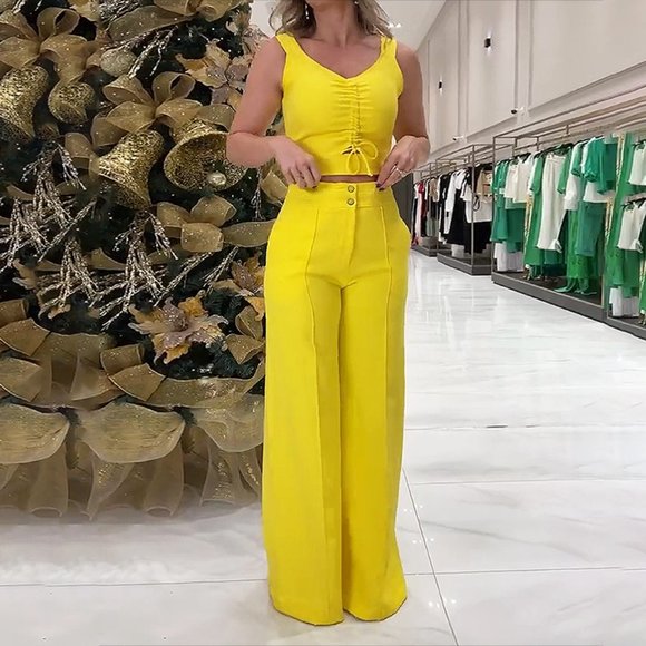 Solid Color Sleeveless Suspender Elegant Summer Wide Leg Pant Outfit - Picture 2 of 7